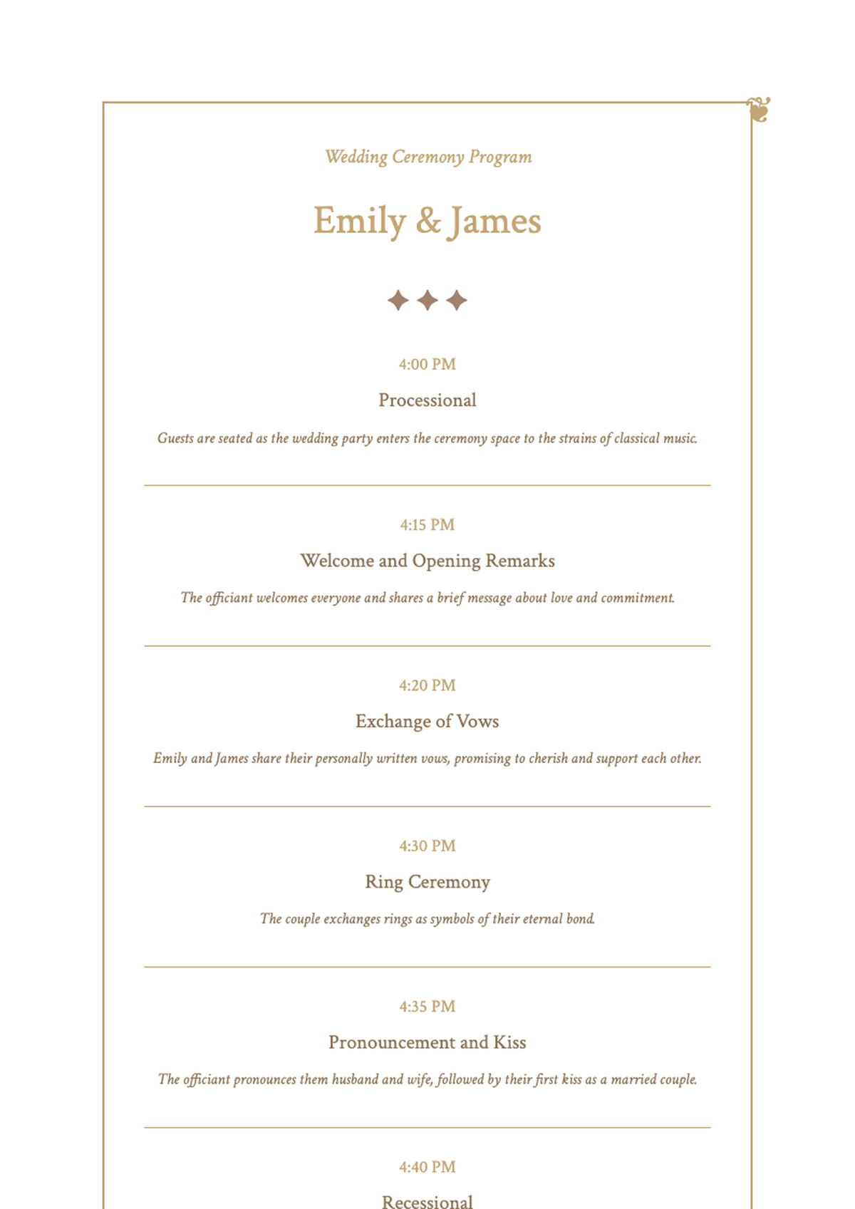 Elegant wedding celebration program with gold floral borders and formal schedule_variant_3